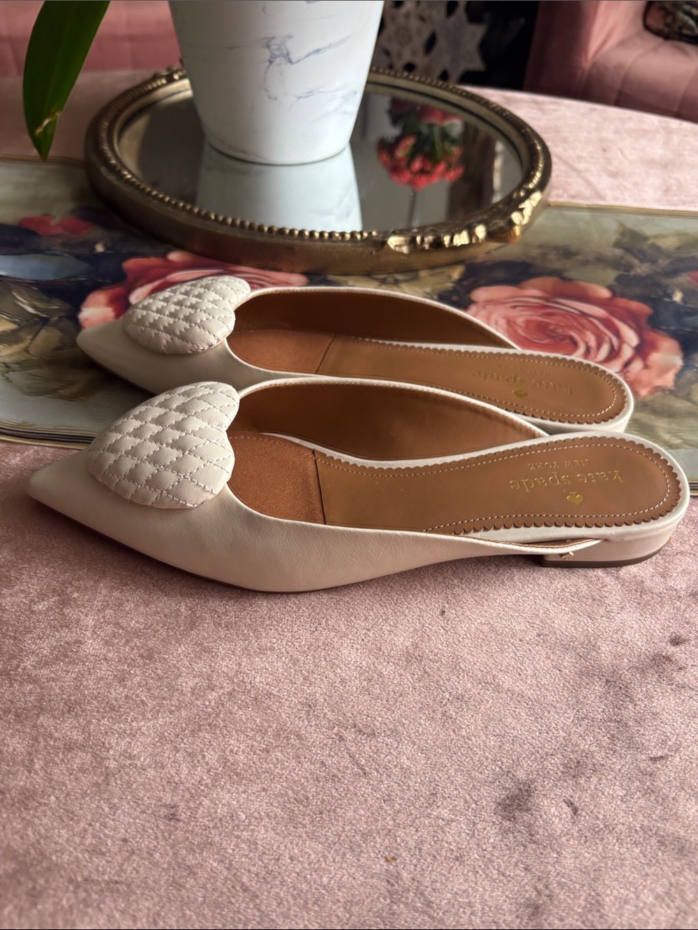 kate spade Cream Quilted Heart Pointed-Toe Mules - Picture 2 of 3